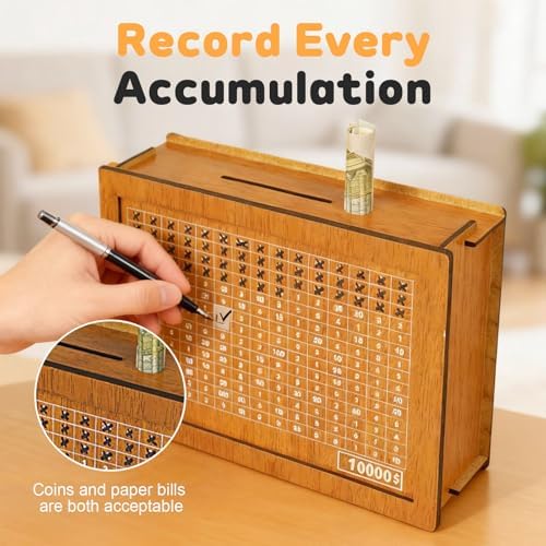Teamoda reusable money saving box side view displaying thick wood construction