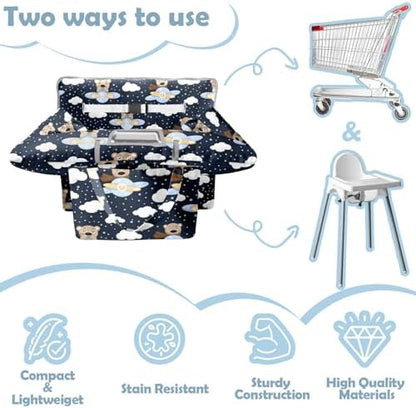 Pillani infant trolley seat protector highlighting the integrated safety belt and toy loops.