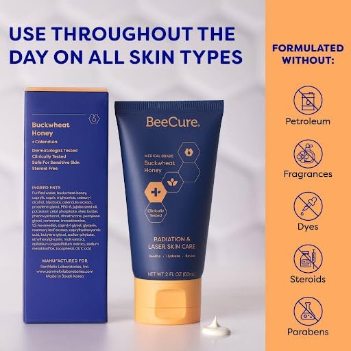 Authentic BeeCure skincare packaging highlighting antioxidant-rich buckwheat honey formula.