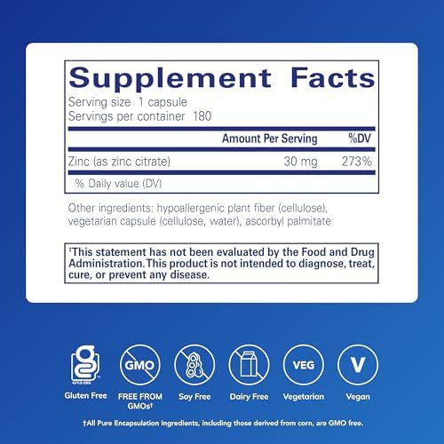 Hypoallergenic bioavailable zinc citrate 30mg supplement facts label showing vegan ingredients
