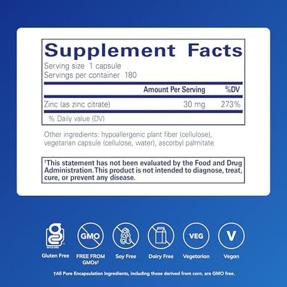 Hypoallergenic bioavailable zinc citrate 30mg supplement facts label showing vegan ingredients