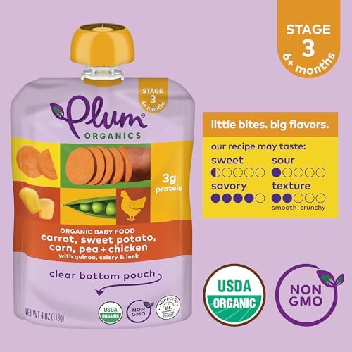 Plum Organics baby food pouch ingredient list for chicken and vegetable blend