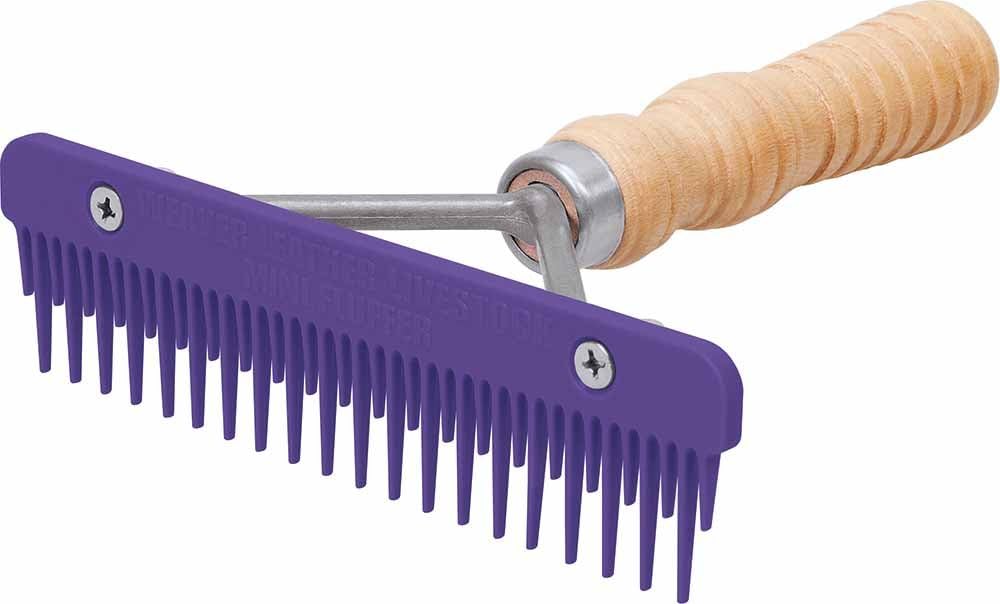 Weaver Leather Livestock Mini Fluffer Comb front view showing the grooved wood handle and six inch blade.