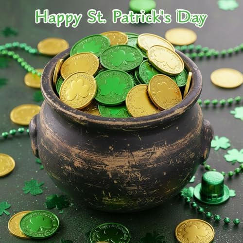 Close up of plastic shamrock lucky coins showing embossed three leaf clover details.