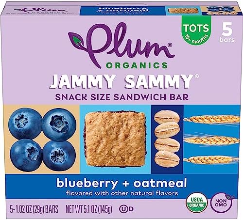 Close up look of soft baked blueberry oat snack bars for children fifteen months plus