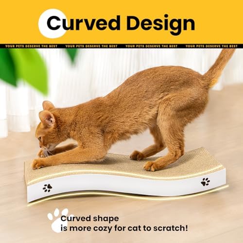Abyssinian cat stretching on the reversible corrugated scratching board