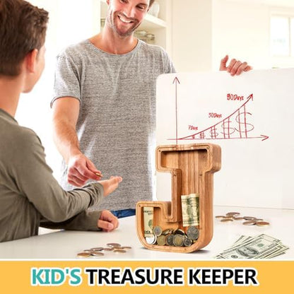 Side profile of unbreakable alphabet money bank showcasing smooth sanded natural pine wood edges.