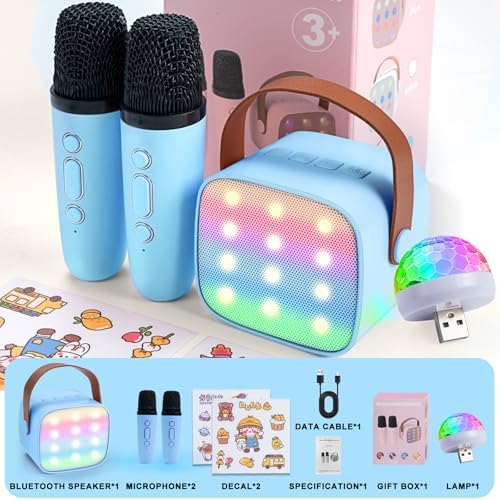 Authentic USA imported blue karaoke speaker set highlighting its lightweight build and accessories.