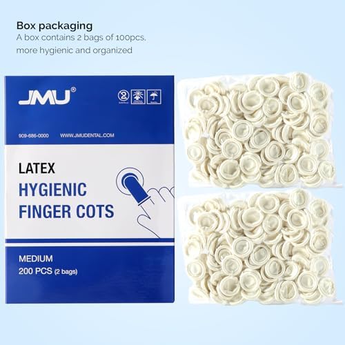 Two bags of 100 pieces powder free rubber fingertips inside the product box