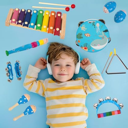 Authentic USA imported children musical instruments collection in an open packaging view.