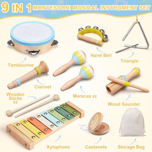 Montessori wooden music toys for toddlers laid out with cotton storage bag