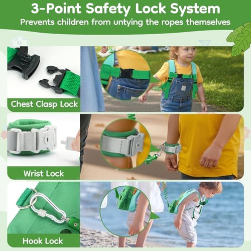 Toddler wearing dinosaur safety harness in a park
