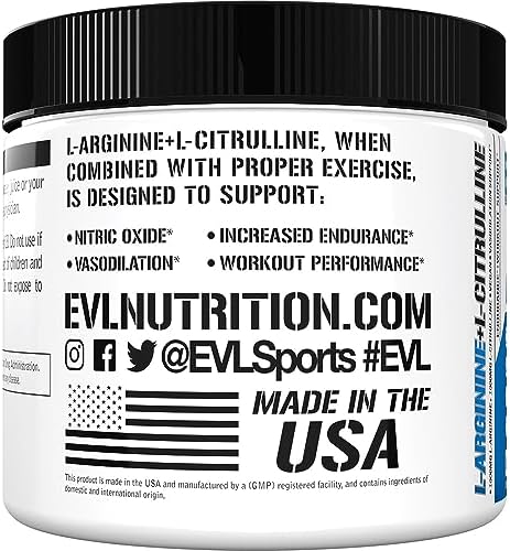 Full packaging view of Evlution Nutrition L-Arginine and L-Citrulline complex