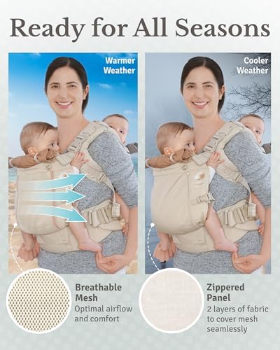 Side profile of parent wearing TwinGo carrier with baby in tandem position