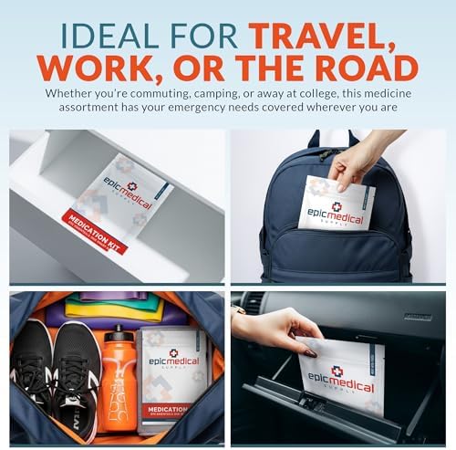 Compact resealable pouch containing seven types of common over-the-counter medications.