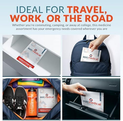 Compact resealable pouch containing seven types of common over-the-counter medications.
