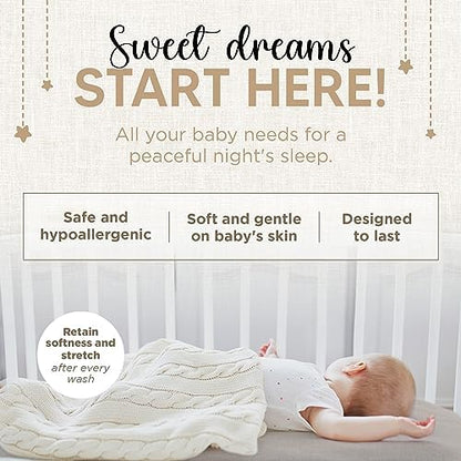 White and grey organic bassinet sheets neatly folded