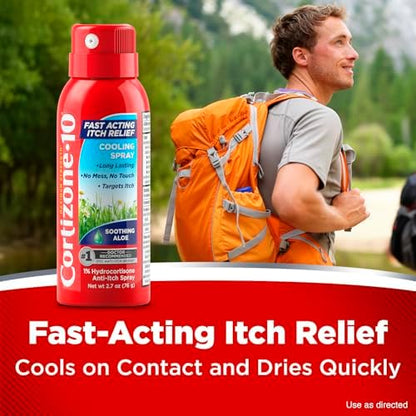 Back label of Cortizone 10 cooling spray with aloe showing usage instructions and warnings.
