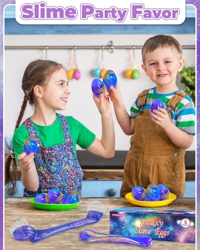 Stretchy blue purple gold galaxy slime being pulled out of plastic egg