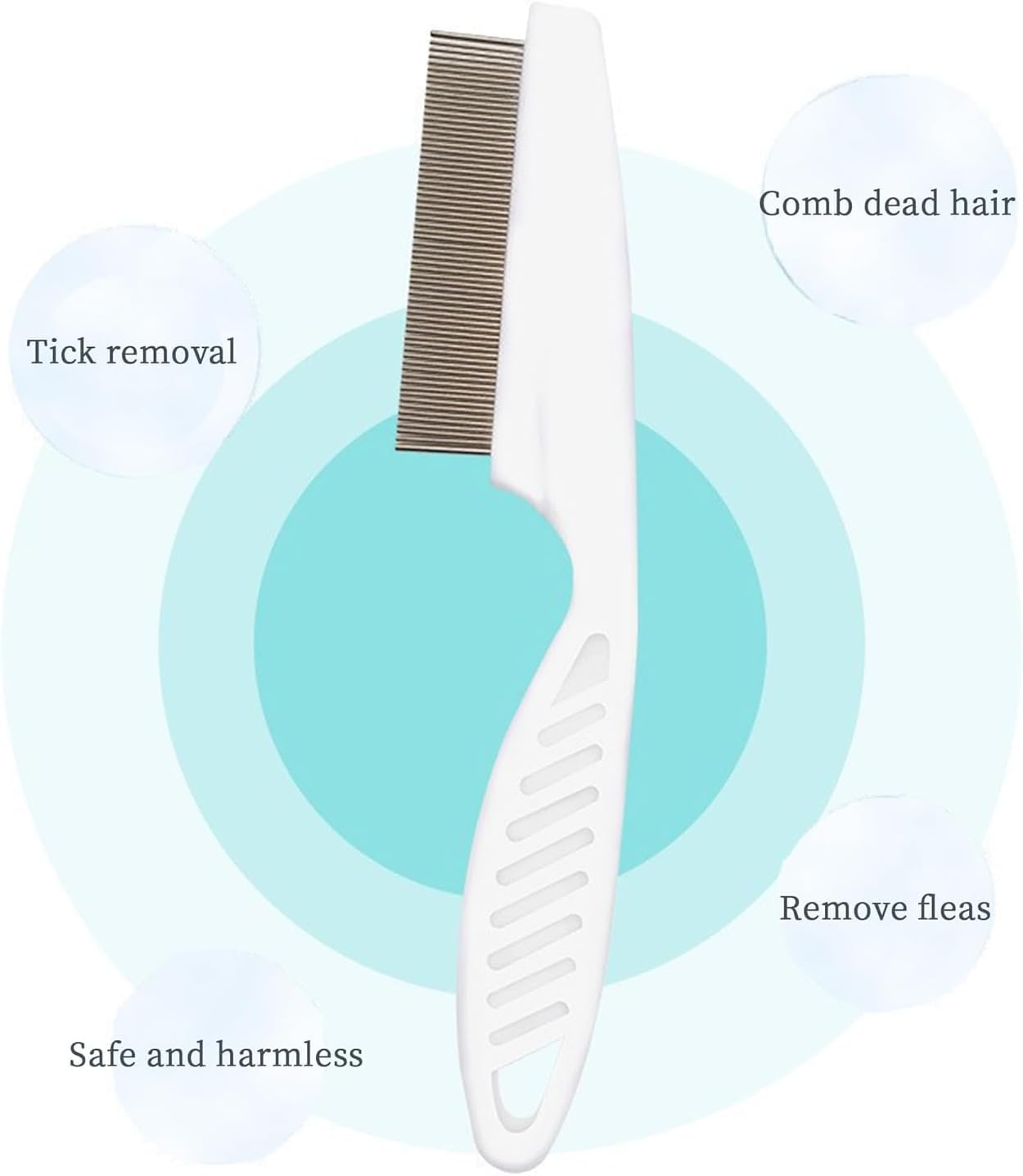 White Alysisa pet comb for small animals illustrating the durable plastic handle and close up needle design.