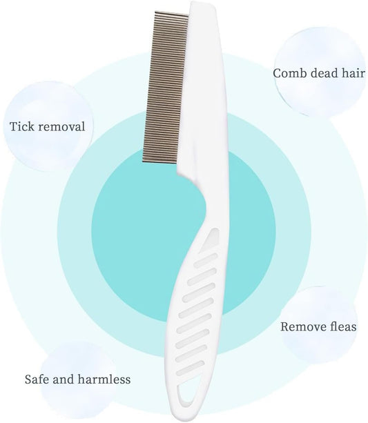 White Alysisa pet comb for small animals illustrating the durable plastic handle and close up needle design.