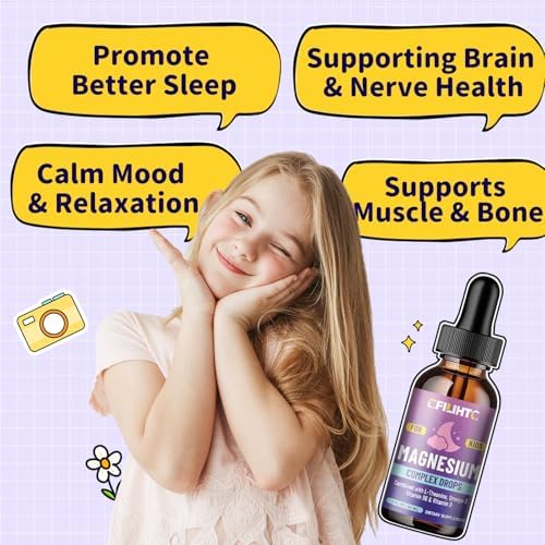 CFILIHTC USA imported kids magnesium glycinate supplement highlighting brain and relaxation benefits.