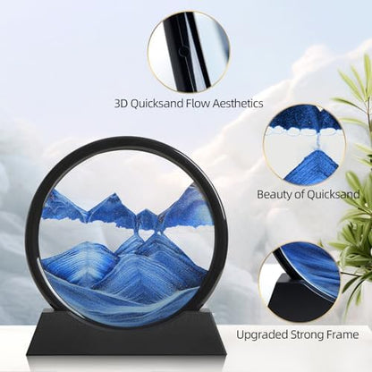 7 inch round moving sand art display showing mountain landscape