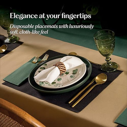 Servietto wood-colored premium paper placemats laid out for a wedding banquet.