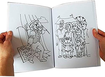 Magic Makers trick coloring book opened to show the completely blank pages stage.
