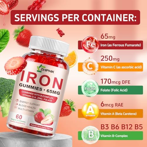 Natural strawberry flavored iron supplement gummies for women men and kids