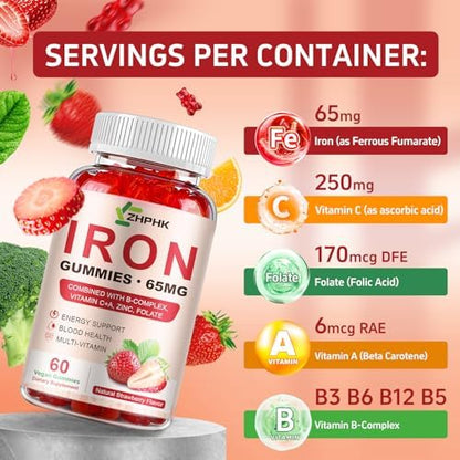Natural strawberry flavored iron supplement gummies for women men and kids
