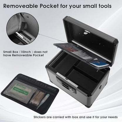 Full kit view including the Lockbako black lockbox, two keys, and internal dividers.