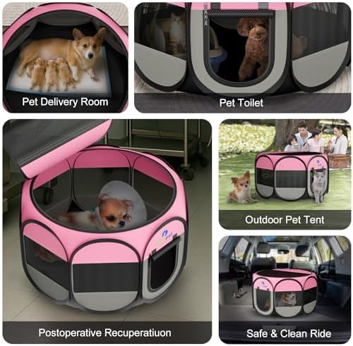 Playpen for Small Dogs Cats Crate: Puppy Play Pen Indoor Outdoor Foldable Potable Exercise Cage Pop up Kennel for Guinea Pig Rabbits Hamster Travel with Carrying Case & Food Bowl (Pink, M, 1) - Image 4