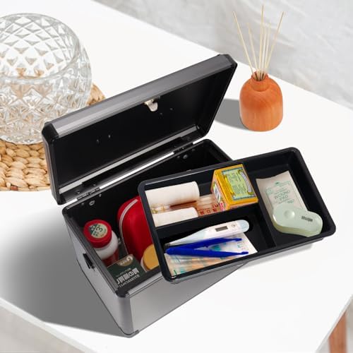 Side view of the 12 inch Lockbako medication chest featuring the sturdy handle and lock.