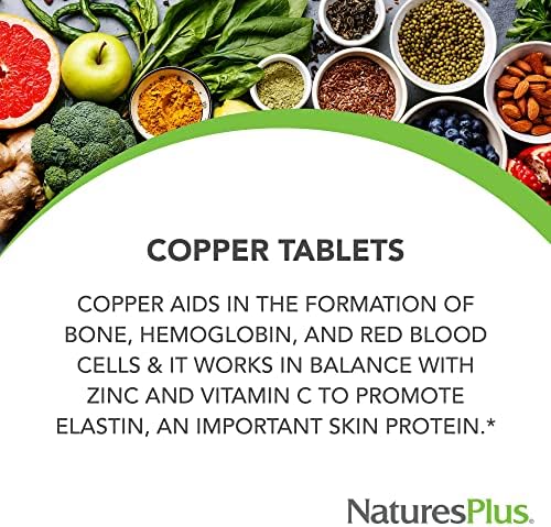 NaturesPlus Copper 3 mg side panel detailing allergen warning and manufacturing standards