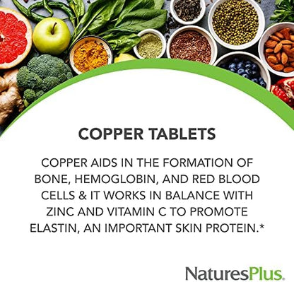 NaturesPlus Copper 3 mg side panel detailing allergen warning and manufacturing standards