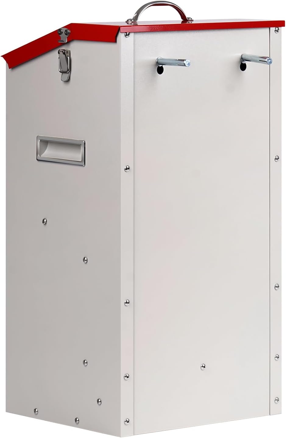 Weatherproof metal gravity dog feeder showing dual mounting holes on the back panel