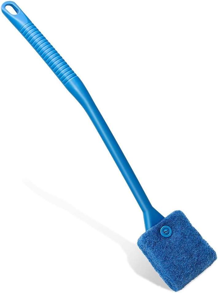 Novique fish tank cleaner front view showing the blue long handle and five-sided sponge brush.
