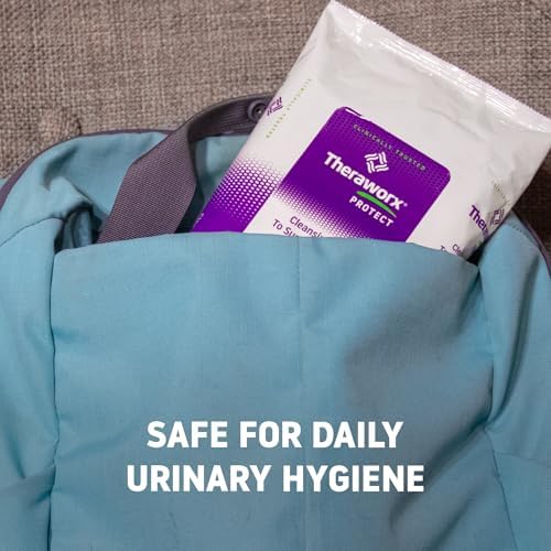 Theraworx Protect daily care wipes pack highlighting the alcohol free and no rinse formula.