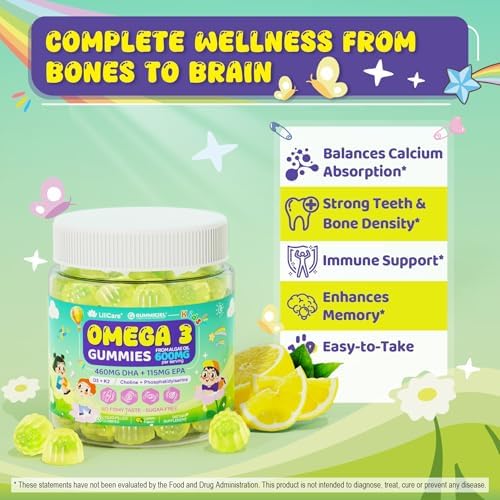 LILICARE kids omega supplement bottle showing vitamin D3 K2 and choline ingredient details.