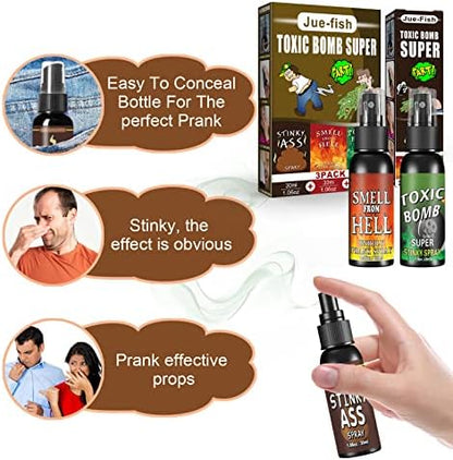 Extra strong super stench liquid prank spray collection on a clean background