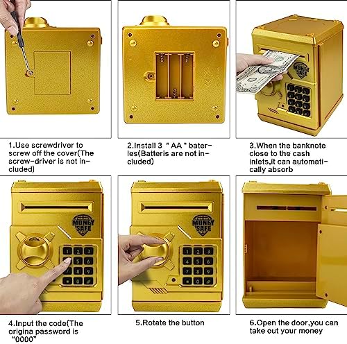 Totola gold electronic vault showing the interactive battery compartment setup on the base panel