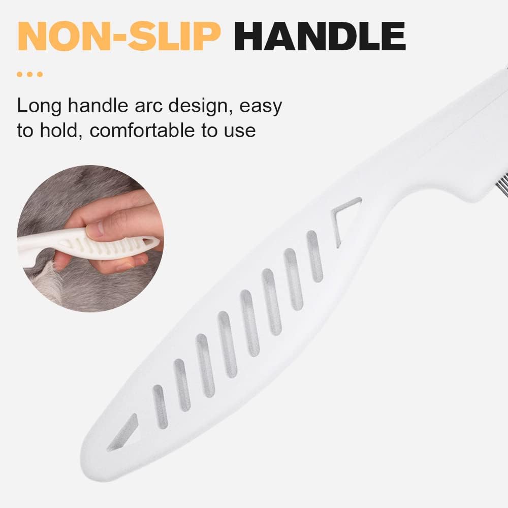 Close up of fine-tooth stainless steel dog eye comb