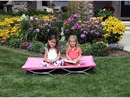 Close up angle of the durable steel frame and reinforced canvas liner of the Regalo pink toddler cot