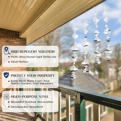 Bird deterrent wind spinners hanging on a patio