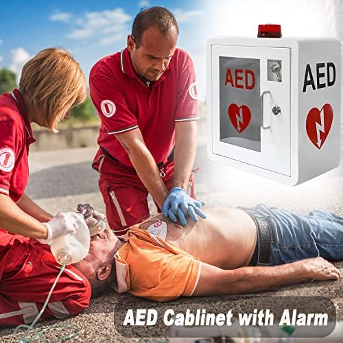 Metal AED storage box with clear acrylic window and red alarm light.