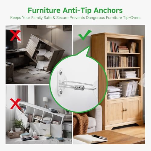 Metal wall safety anchors installed securely behind a heavy white dresser.