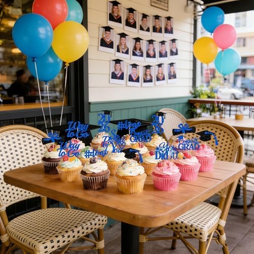 Class of 2026 blue and black glitter party cupcake picks