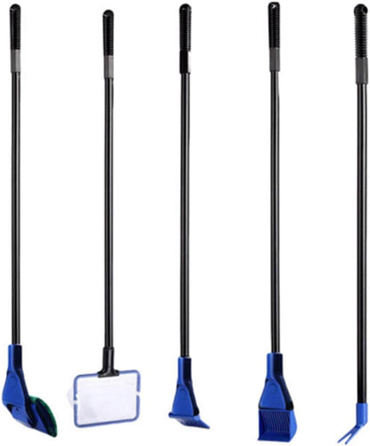 Fish net and gravel rake tools for aquatic plant care and substrate cleaning.