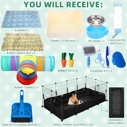 104 Pcs Rabbit Starter Kit Litter Box Bunny Tunnel Pet Playpen with Waterproof Mat Water Bottle Animal Grooming Kit Bowl Blankets with Cleaning Set for Guinea Pig Rabbit Accessories - Image 4